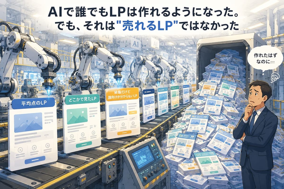 「AIで誰でもLPは作れるようになった。でも、それは"売れるLP"ではなかった」。工場で「平均点のLP」「どこかで見たLP」などが大量生産され、男性が「作れたはずなのに…」と困っている